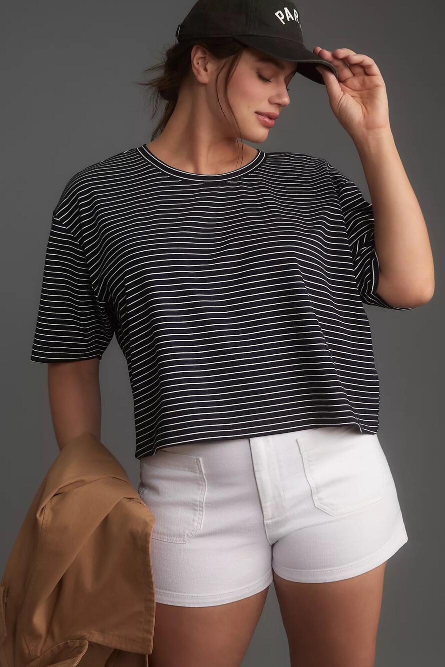 Anthropologie Maeve Sz L Short-Sleeve Tee Cropped Mavy Striped Oversized